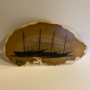 Agate Slice Hand Painted Artwork Fishing Boat Father’s Day Fisherman Home Decor